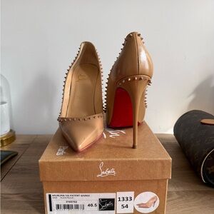 Christian Louboutin Tan Patent Spike-Trim Pointed-Toe Pumps